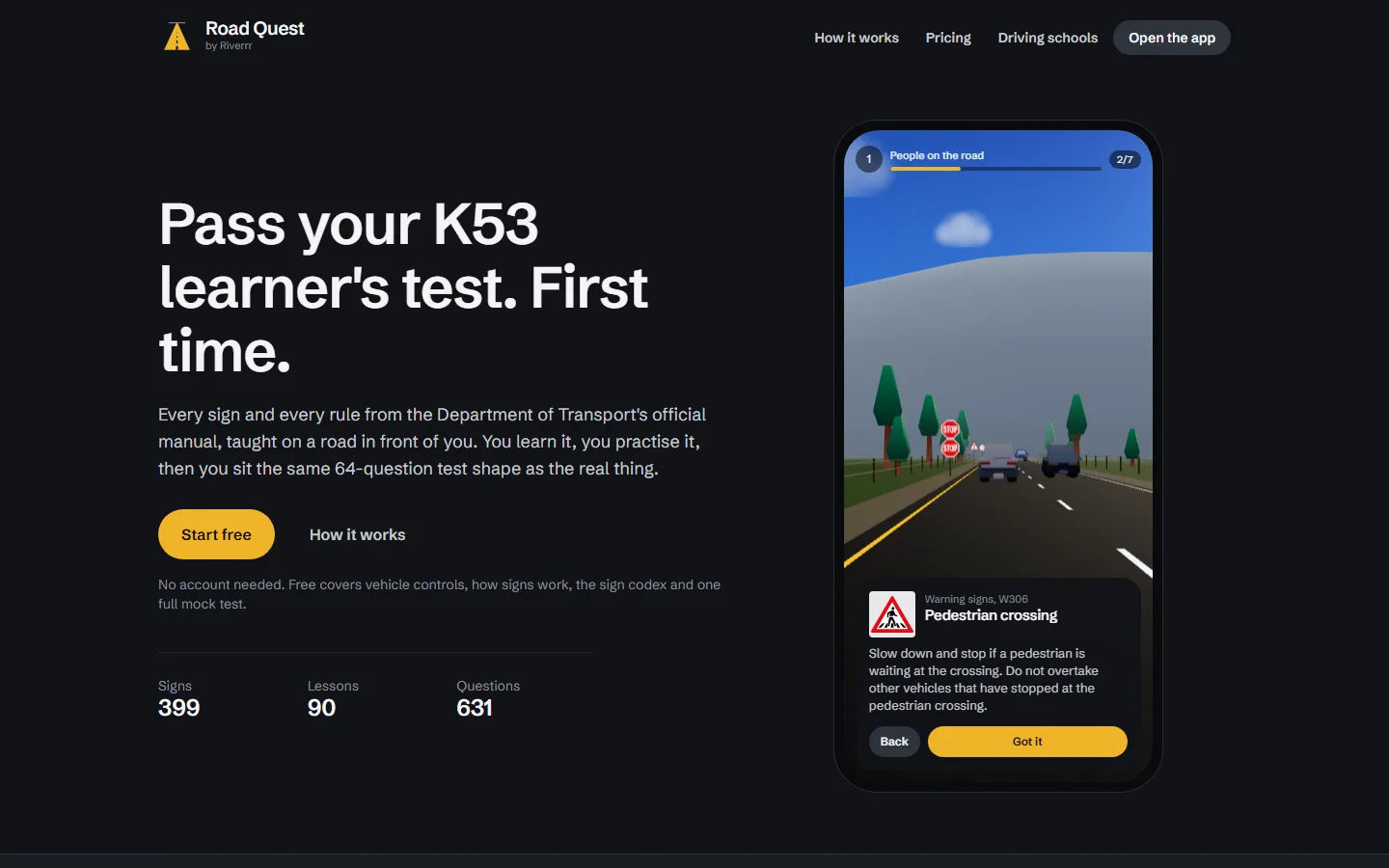 Road Quest home screen: Pass your K53 learner's test first time, with a phone showing a road scene and a sign question
